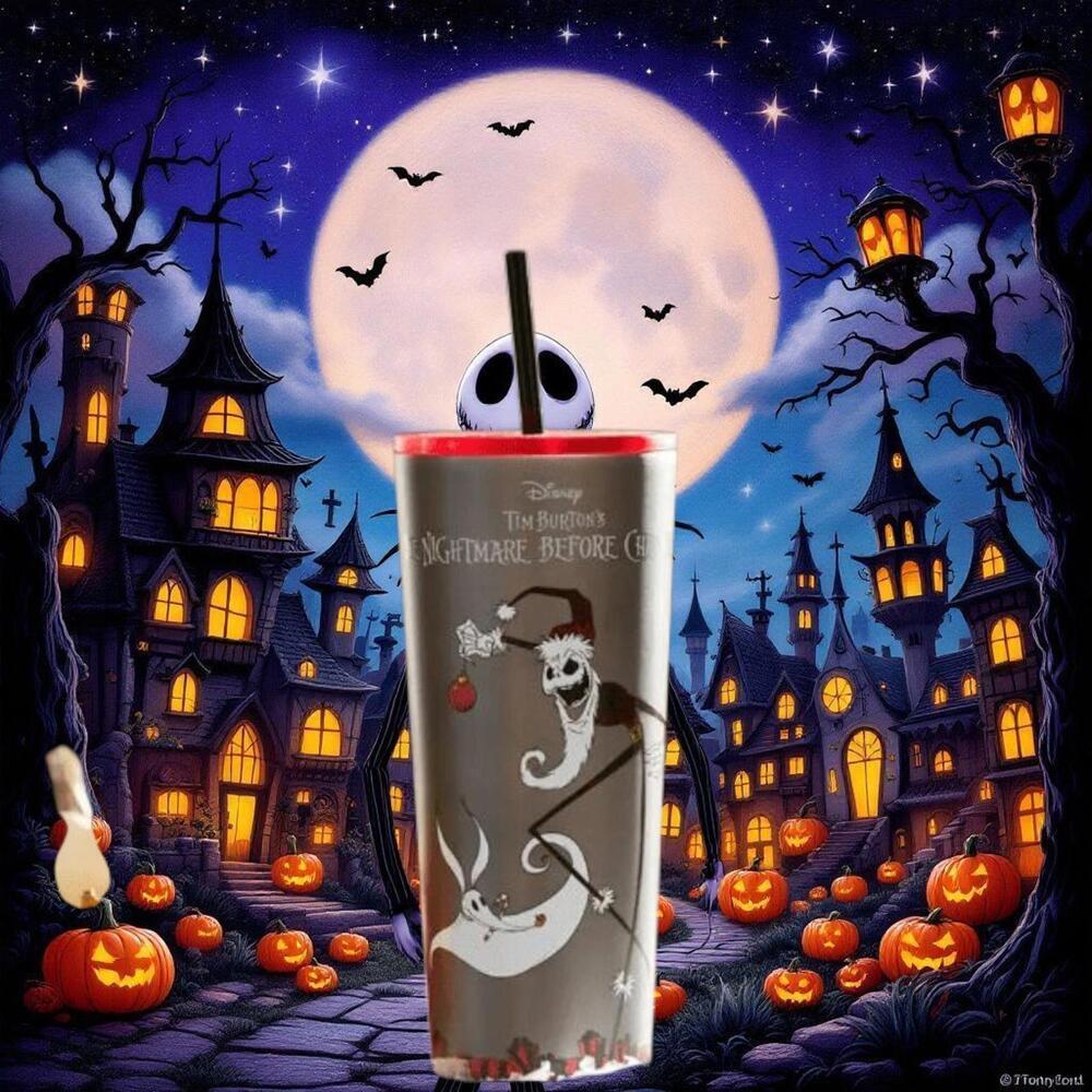 DISNEY NIGHTMARE BEFORE CHRISTMAS STARBUCKS TUMBLER WITH STRAW IN HAND👻